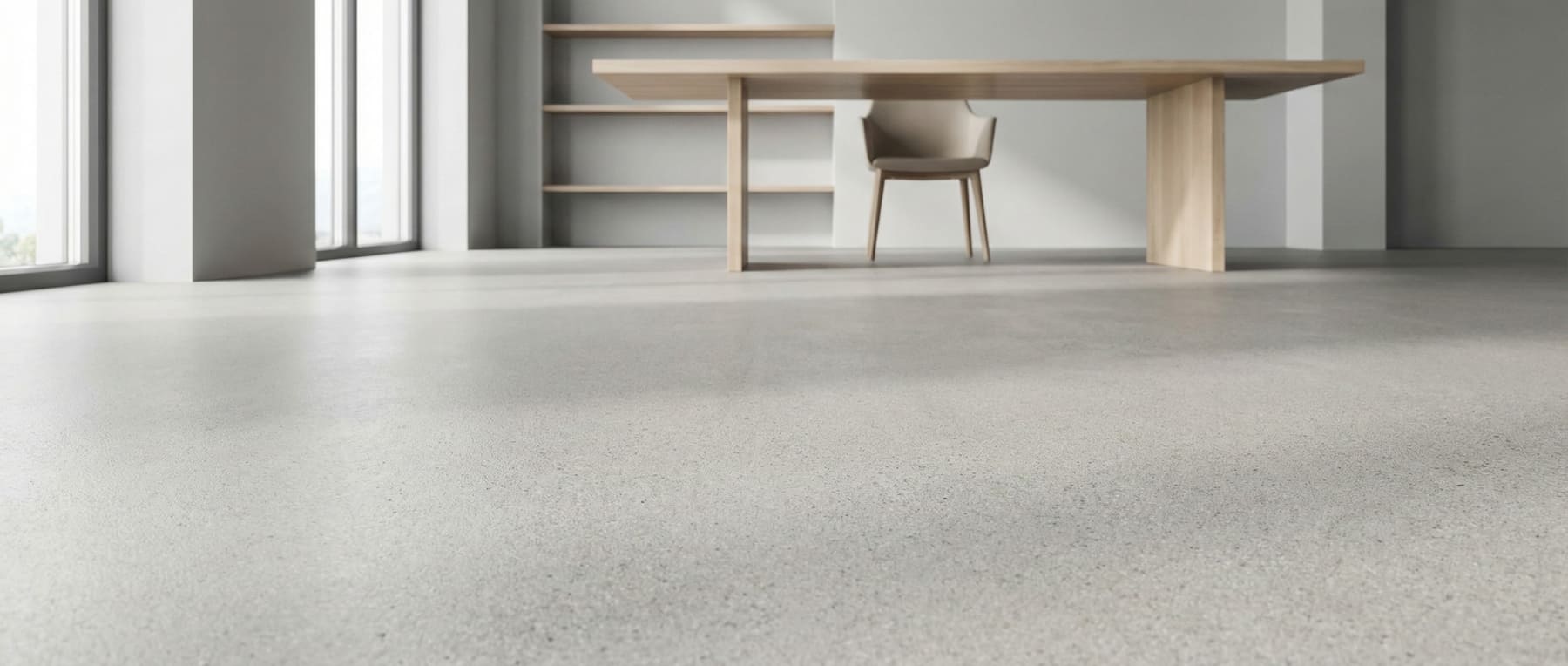 Froschperspektive eines minimalistischen Raumes mit einem geschliffenen Sichtestrich in Salz-und-Pfeffer-Optik - im Hintergrund ein Holztisch und Stuhl - Visualisierung von homogenem Design für Lofts und Büros.