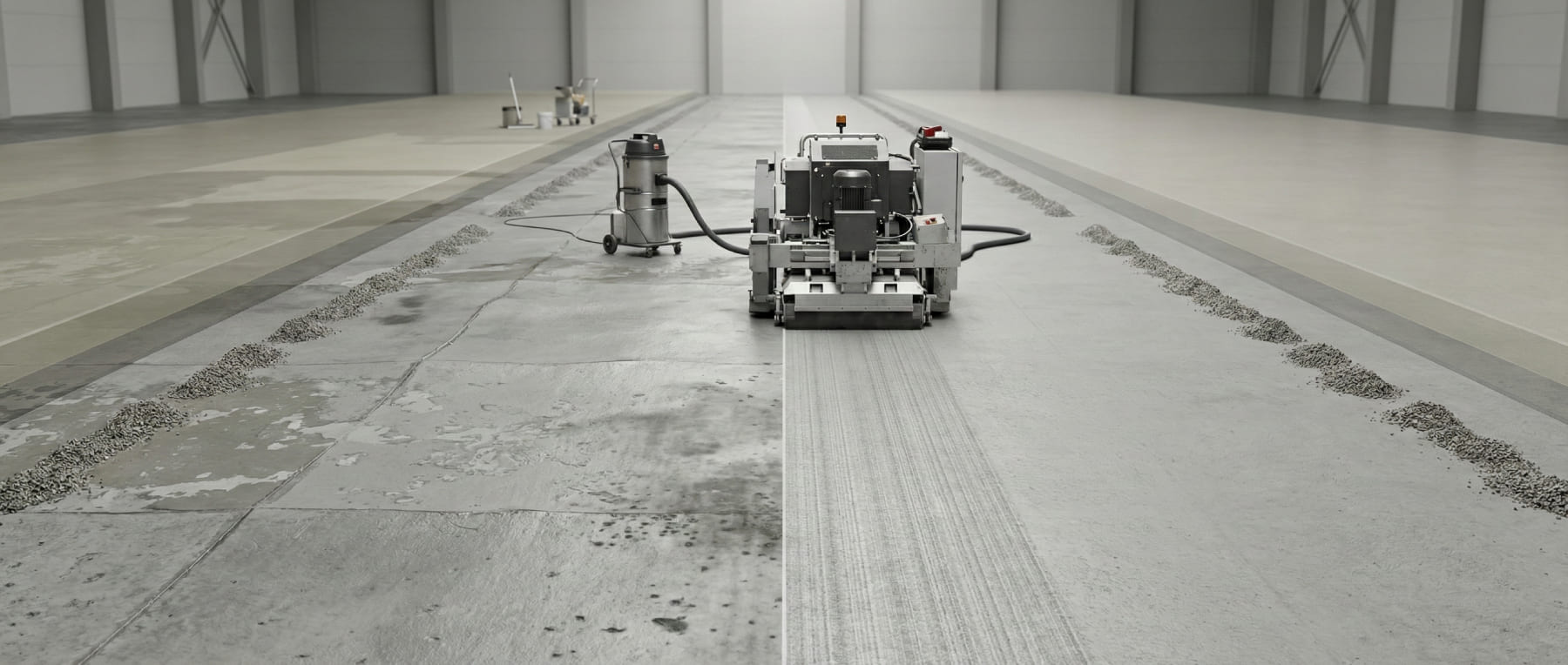 Rückansicht einer schweren Planfräse auf Industrieboden - Links alte beschichtete Fläche und rechts frisch gefräste nivellierte Bahn - Visualisierung von Entschichten und Nivellieren in einem Arbeitsgang.