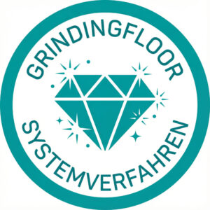 Grindingfloor Systemverfahren Qualitätssiegel: Ein kreisförmiges Logo in Türkis mit zentralem Diamant-Symbol und Schriftzug, das für spezialisierte Betonveredelung und technologische Exzellenz seit 2001 steht.