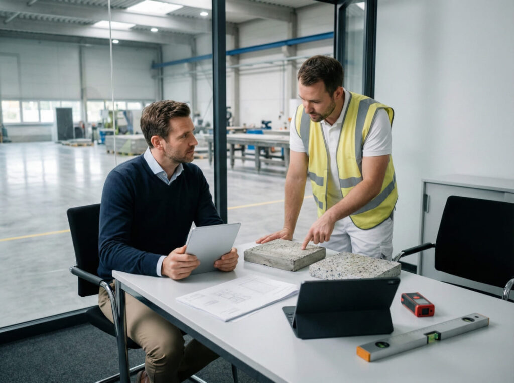 Zwei Männer bei der technischen Fachberatung am Schreibtisch - Experte in Warnweste erklärt Betonmuster und Pläne - Visualisierung der Entscheidungsfindung für Betonboden Veredelung.