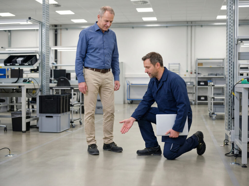 Techniker kniet mit Laptop auf dem Boden und berät einen Kunden in einer ESD-Schutzzone zur technischen Umsetzung nach DIN EN 61340-5-1 - Visualisierung der Projektberatung.