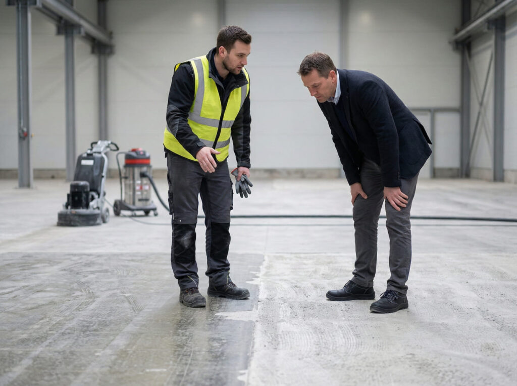 Anwendungstechniker in Warnweste und Kunde begutachten detailliert die Struktur eines gefrästen Betonbodens in einer Industriehalle - Visualisierung der technischen Projektunterstützung und Machbarkeitsprüfung.