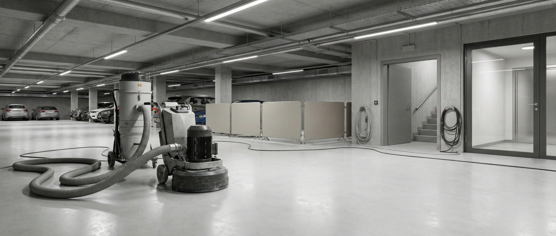 Bodenschleifmaschine in einer Tiefgarage mit Trennwand zu geparkten Autos und Zugang zum Treppenhaus - Visualisierung von emissionsfreier und geruchsneutraler Sanierung in Wohnkomplexen.