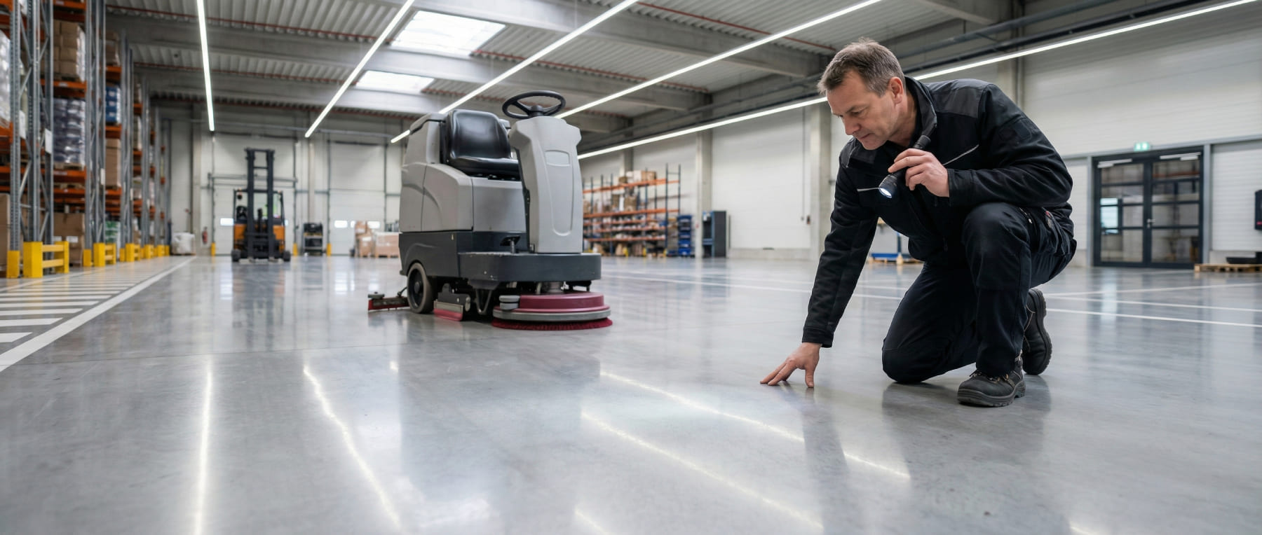 Techniker kniet auf hochglänzendem Industrieboden und prüft mit Taschenlampe die Oberflächengüte vor einer Reinigungsmaschine - Visualisierung von Werterhalt und Arbeitssicherheit durch mechanische Politur.