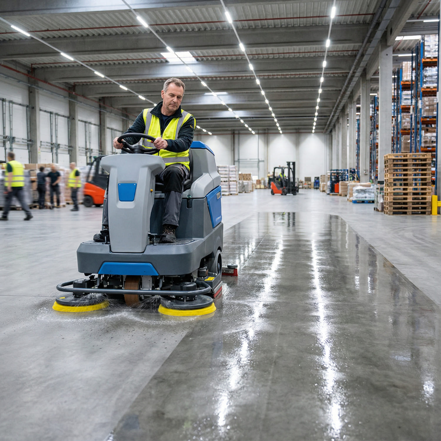 Operator auf einer Aufsitz-Scheuersaugmaschine bei der chemiefreien Unterhaltsreinigung eines Logistik-Betonbodens unter Einsatz von diamantbesetzten Twister-Pads zur Erhaltung des Hochglanzes.