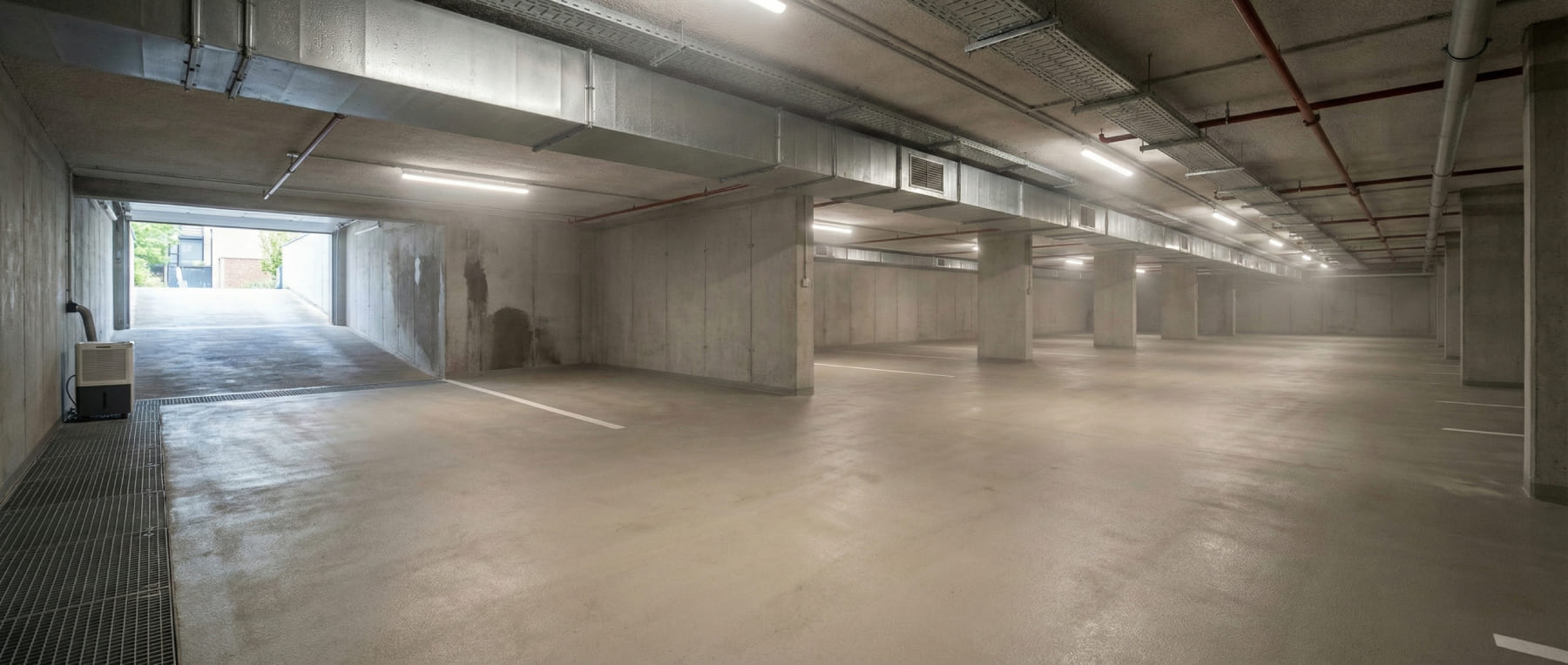 Innenansicht einer sanierten Tiefgarage im Wohnbau mit Betonsäulen und Zufahrtsrampe - Visualisierung eines diffusionsoffenen Bodensystems gegen Feuchtigkeit und Tausalz.