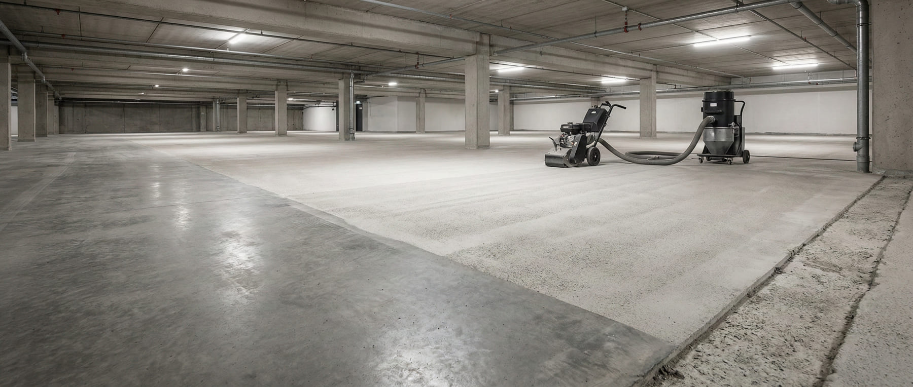 Weitläufige Betonfläche in einer Tiefgarage die zur Hälfte hell kugelgestrahlt ist mit einer Kugelstrahlanlage im Hintergrund - Visualisierung der Vorbereitung für Beschichtungssysteme.
