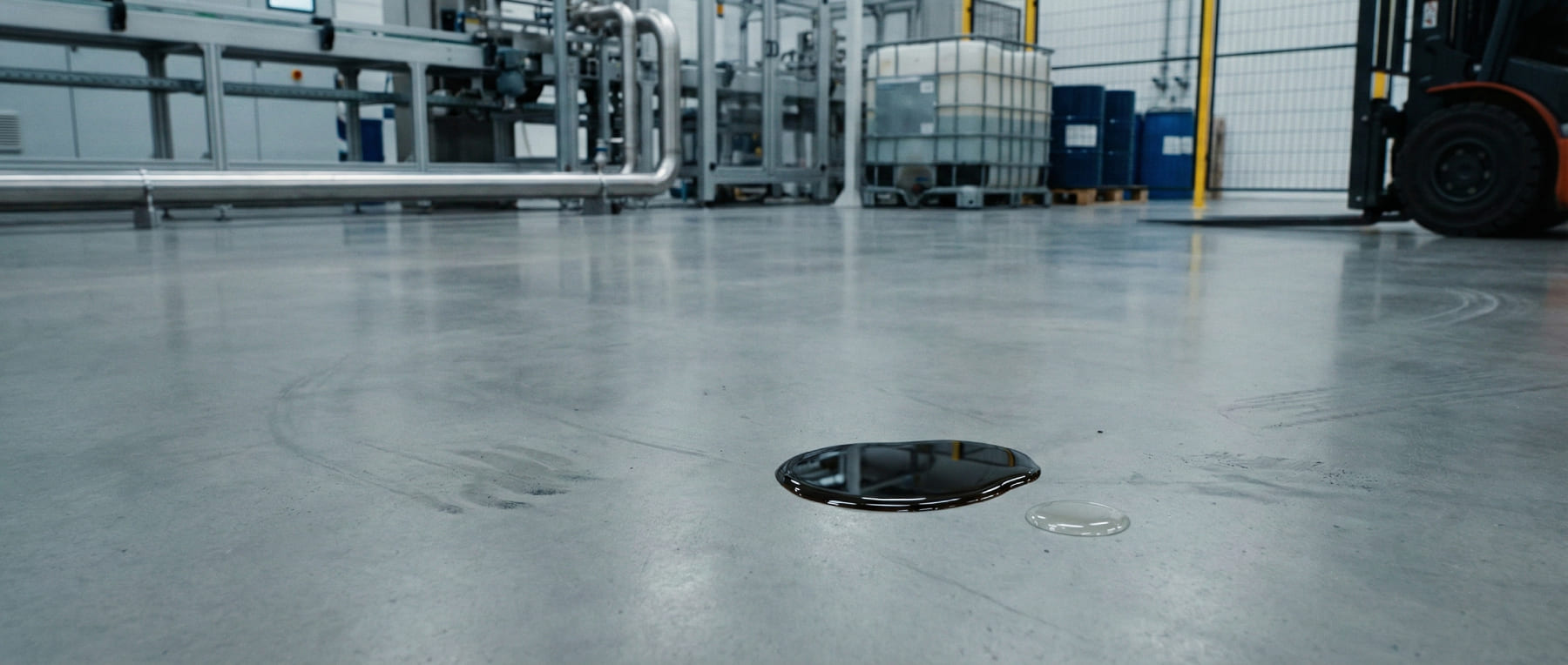 Dunkler Ölfleck und transparente Flüssigkeit auf einem dichten Industrieboden in einer Fertigungshalle mit Gabelstapler im Hintergrund - Visualisierung von WHG-konformen Böden für die Automobilindustrie.