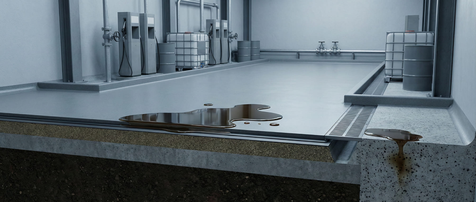 3D-Querschnitt eines Industriebodens im Vergleich: Links dichte WHG-Beschichtung mit Ölpfütze an der Oberfläche - rechts unbehandelter Beton wo Öl ins Erdreich eindringt - Visualisierung von Gewässerschutz nach WHG Paragraf 19.