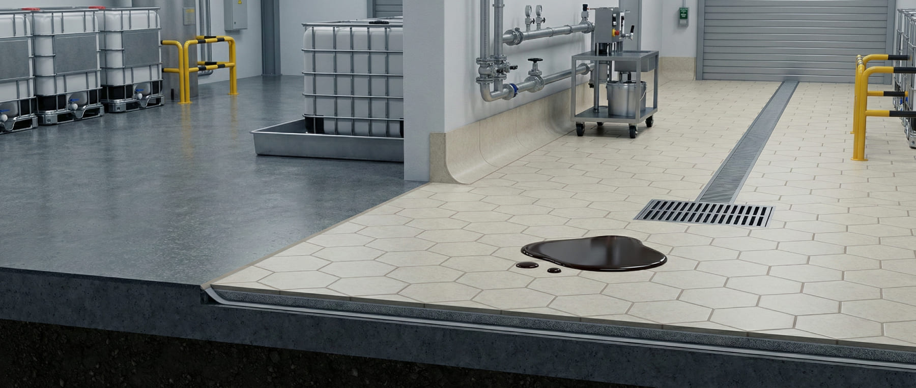 3D-Visualisierung eines Industriebodens: Links Standardbeton mit IBC-Containern - rechts Hexacer-Keramikfliesen mit aufgefangener Chemikalienlache - Visualisierung von WHG-konformen Bodensystemen.