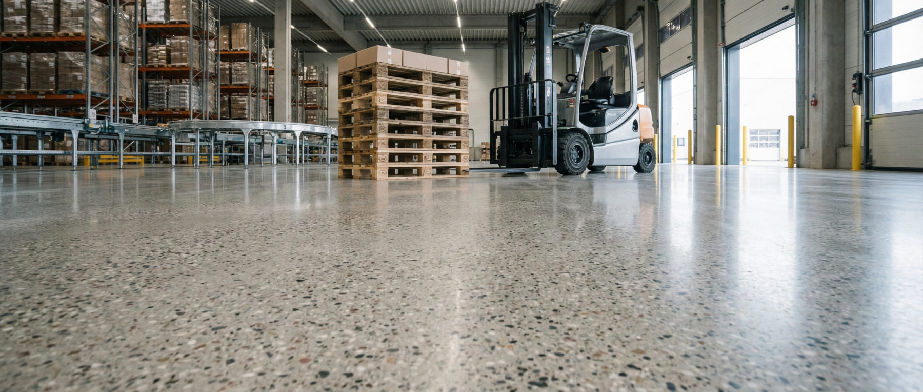 Gabelstapler transportiert Paletten auf hochglanzpoliertem Grindingfloor Industrieboden in einer Logistikhalle - Visualisierung von Option C Sanierung und Veredelung ohne Betriebsausfall.