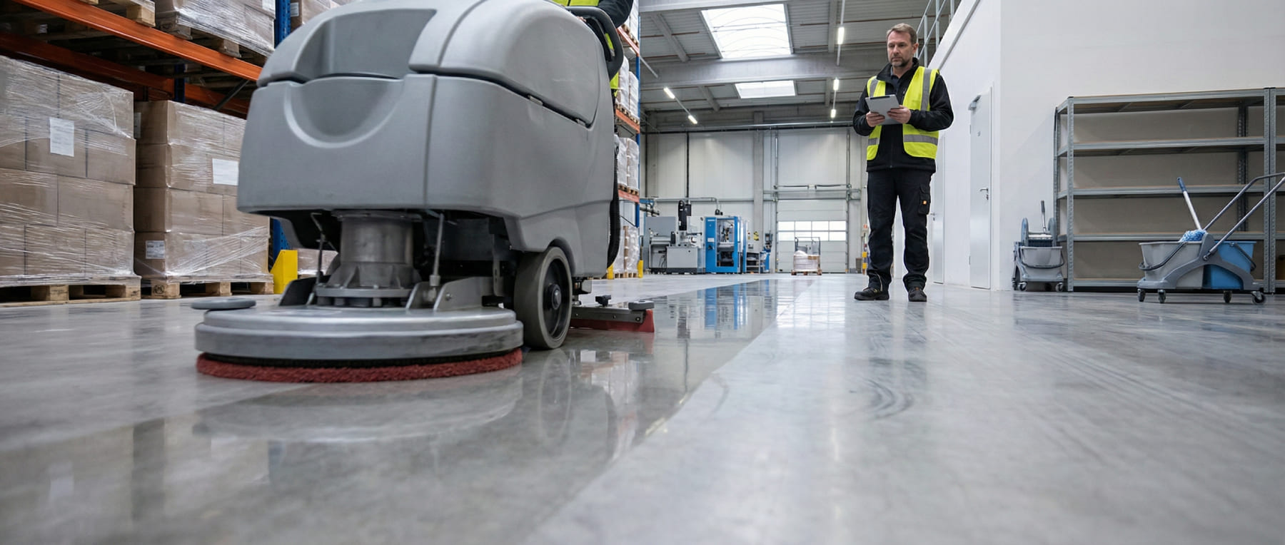 Scheuersaugmaschine mit rotem Twister Diamantpad bei der chemiefreien Reinigung einer Lagerhalle mit Facility Manager im Hintergrund - Visualisierung der Wirtschaftlichkeit und Kostenreduktion.